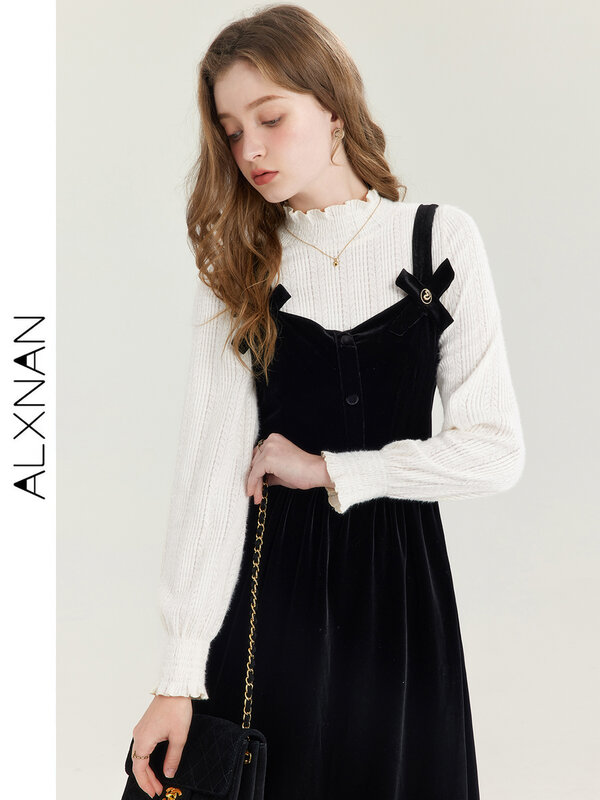 Alxnan 2024 Herbst neue elegante Langarm Midi Hosenträger Kleid Frauen Französisch Retro Temperament Taille schlanke Design Kleid t01017