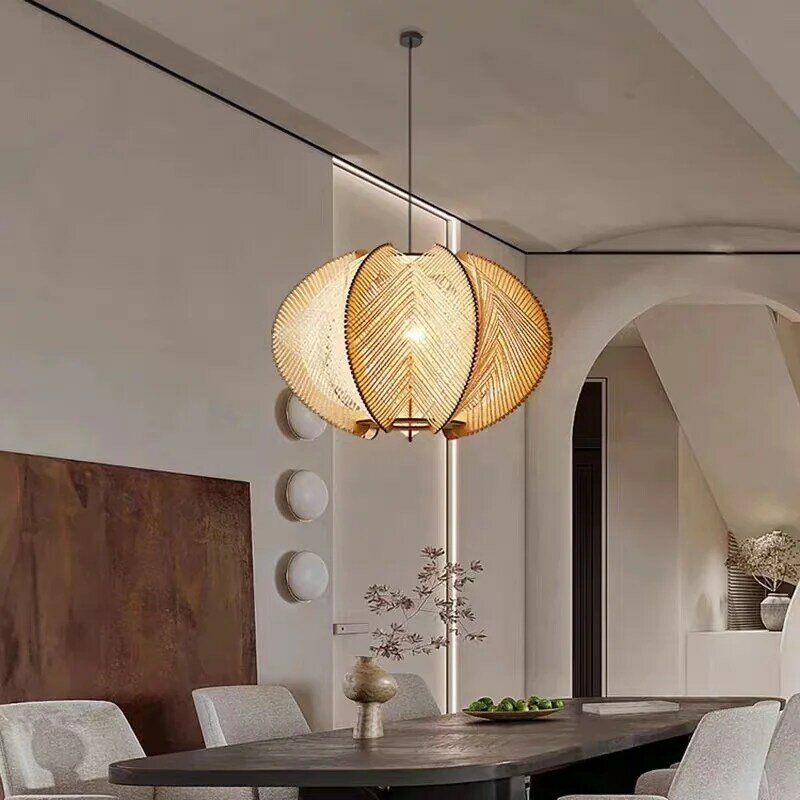 Lustre en rotin de style japonais, plafonnier, suspension en bambou, lumières frontales, lumières LED, salle à manger minimaliste
