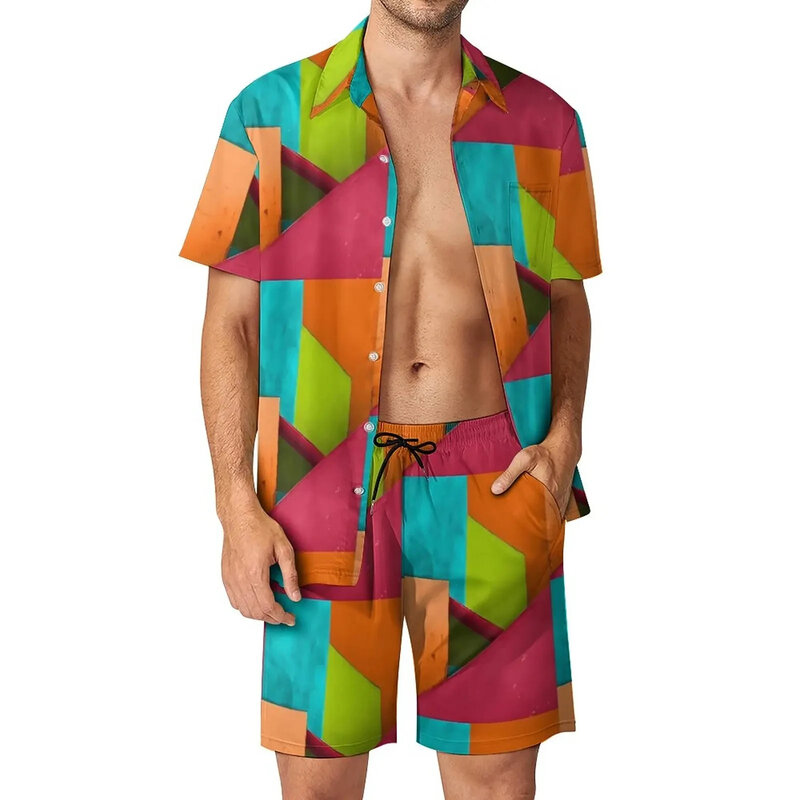 Camicia Colorblock 2 pezzi vestito 3D stampa camicie pantaloncini da spiaggia oversize 2 pezzi manica corta vacanza tendenza hawaiana Streetwear abiti da uomo