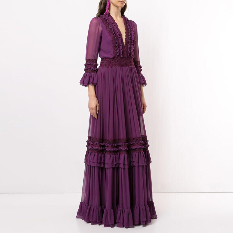 무릎 기질 여성 긴 치마, 허리는 얇은, 7 분기 소매 연회 드레스, 중공업 레이스 드레스