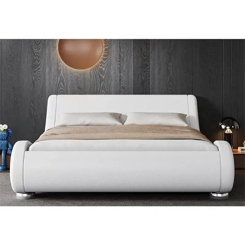 Full-size bed frame with ergonomic and adjustable headboard, understated modern padded platform sled design