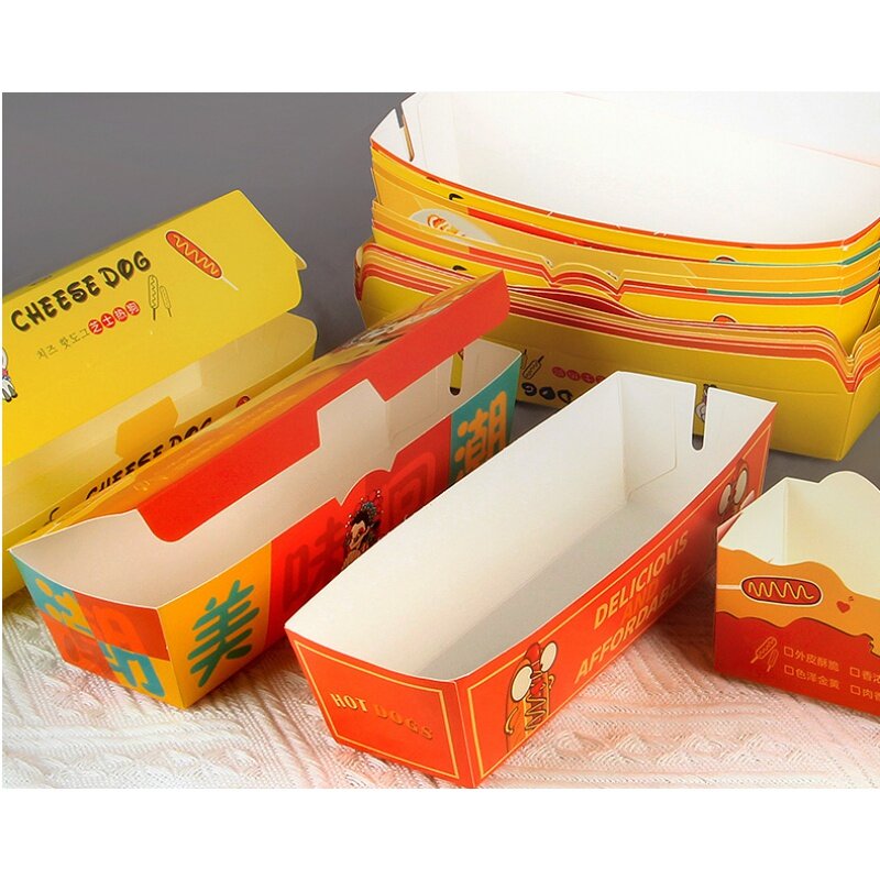 Caja de papel Kraft desechable para comida, embalaje personalizado para palitos de perros calientes, bandeja de comida