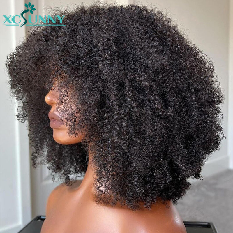 Xcsunny-peluca rizada Afro con flequillo, hecha a máquina, parte superior del cuero cabelludo, 200 de densidad, Remy, brasileña, corta, cabello humano