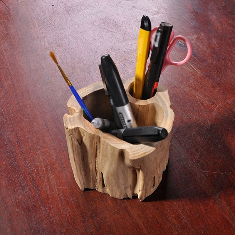 Portalápices de escritorio de madera maciza, soporte multiusos, taza de lápiz, 2 compartimentos, organizador de escritorio para pincel de maquillaje