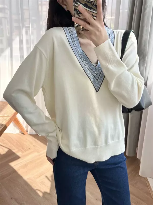 Women Blue Striped Trim Sweater V-Neck Long Sleeve Loose Spring 2024 Knitted Pullover