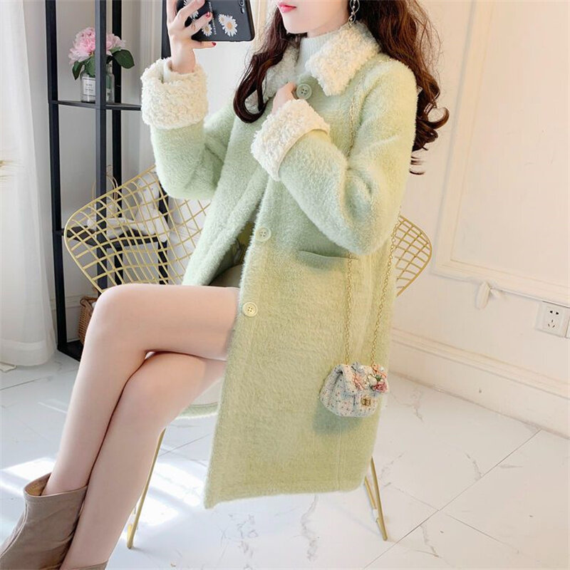 Blusão imitação de lã de cordeiro feminino, moda coreana, temperamento versátil, solto, luxuoso, quente, comprimento médio, outono, inverno, novo