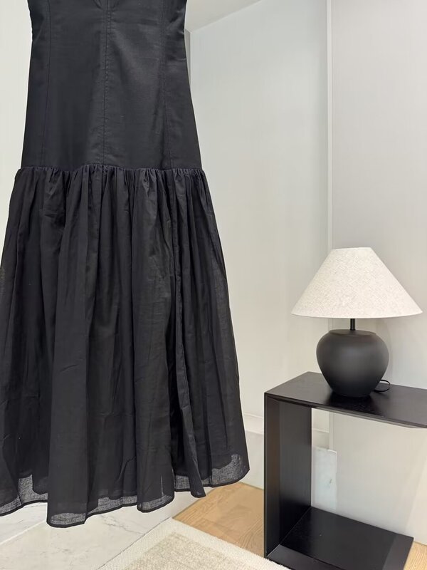 Vestido midi plisado ancho para Mujer, falda grande, diseño de dobladillo, negro, cuello redondo, patchwork, retro, sin mangas, nueva moda