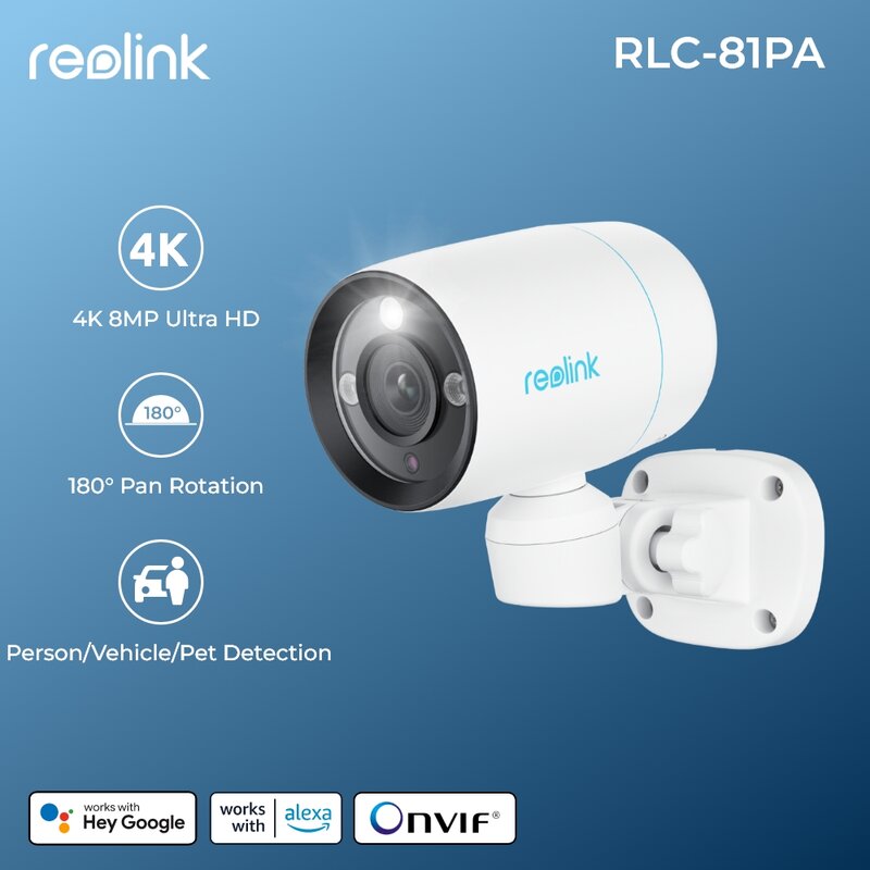 كاميرا ريولينك 4K PoE الأمنية 8 ميجابكسل 180 درجة عموم رصاصة تتبع السيارات كاميرات مراقبة IP مع اكتشاف الشخص/المركبة/الحيوان
