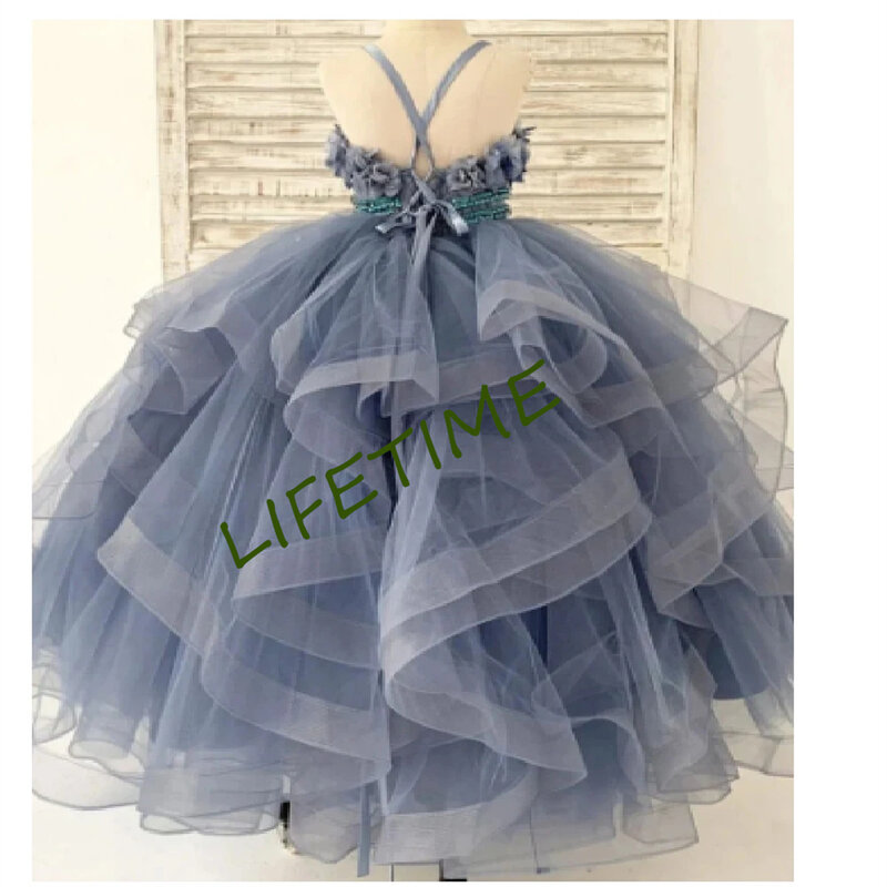 Платье для девочек с цветочным принтом, аппликация, тюль на тонких лямках, для причастия, принцессы, на заказ, бальное платье до пола для дня рождения