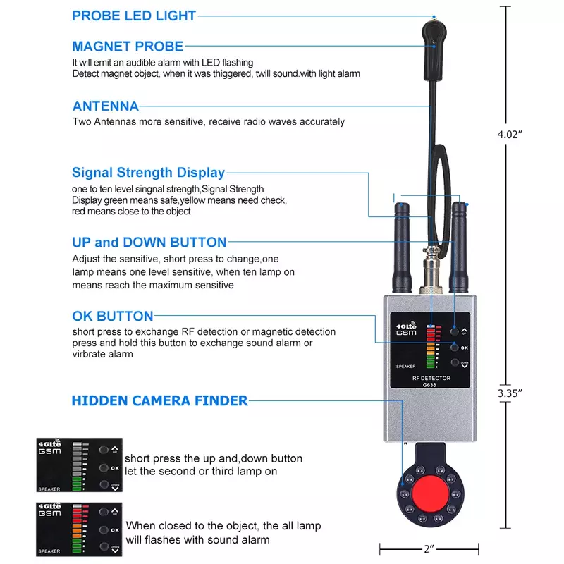 Detector de cámara oculta de señal RF profesional, dispositivo de Audio, Bug, GSM, escucha y espiga, protección de seguridad