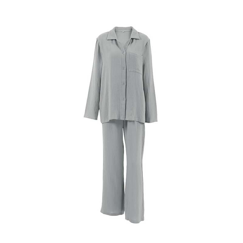 Пижамный комплект женский с высокой талией, свободная одежда для сна с длинным рукавом, карманами и отложным воротником, домашняя одежда серого цвета