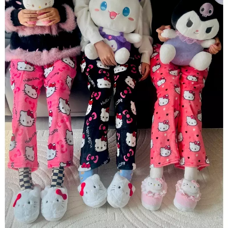 Фланелевая пижама Sanrio, Hello Kitty Anime Y2k Kawaii, женские теплые шерстяные повседневные домашние брюки с мультяшным рисунком, модные осенне-зимние брюки