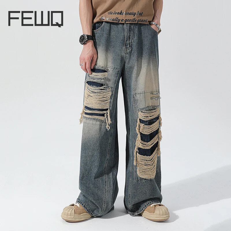 FEWQ-pantalones vaqueros de pierna recta para hombre, pantalón holgado de gran tamaño, informal, de pierna ancha, diseño Vintage de verano con agujeros rotos