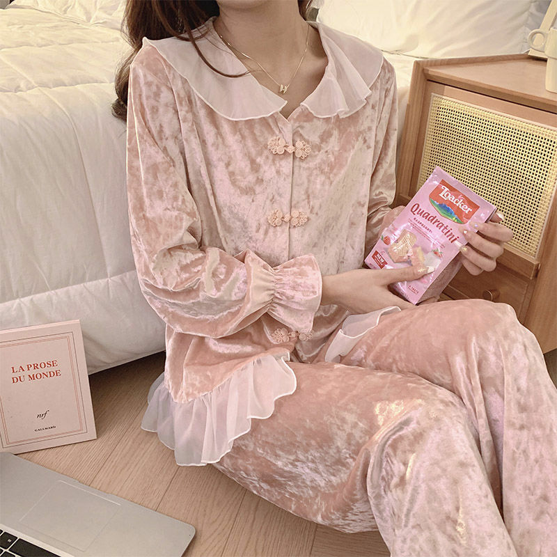 2024 New Pajamas Women Spring Autumn Gold Velvet Warm Cardigan Sweet Homewear Suit Female Casual Solid Color Nightclothes Sets