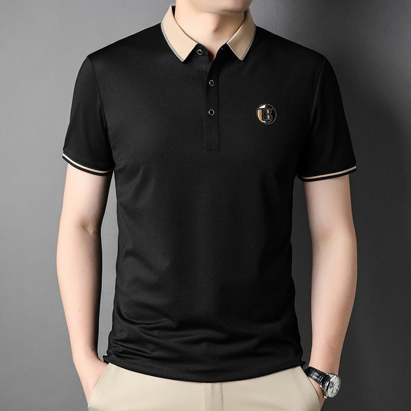 Рубашка-поло мужская с короткими рукавами, модная повседневная универсальная Хлопковая сорочка с контрастной вышивкой, буквенным лацканом и пуговицами, лето в Корейском стиле