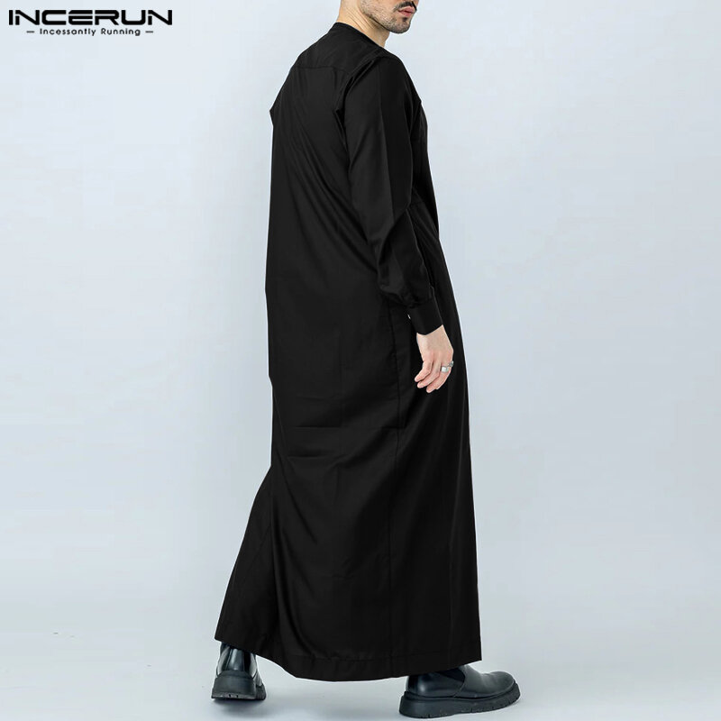 INCERUN-Kaftan muçulmano monocromático para homens, o pescoço, manga comprida, streetwear islâmico, Jubba Thobe árabe, caftan vintage solto, caftan masculino, S para 5XL, 2023