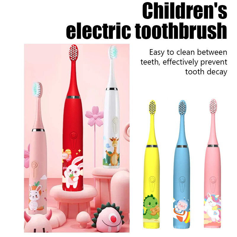 Escova de dentes elétrica sônica recarregável USB infantil Escova de desenhos animados colorida, automática, IPX7 impermeável, cabeças de substituição