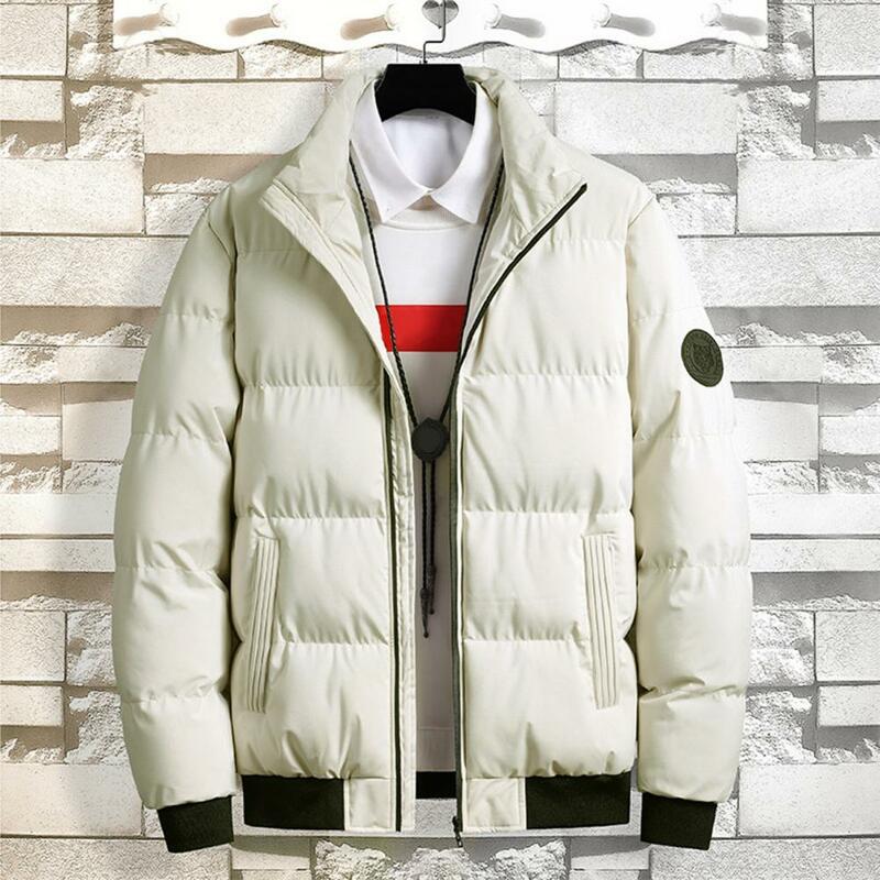 Men Winter Coat Warm Puffer Jacket Full Zip Stand Collar Pockets Thicken Cotton Coat Warm Casual Work Coat Outerwear