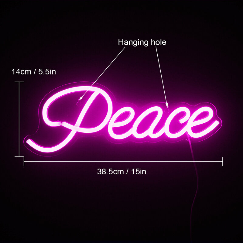 Letrero de neón de la paz para decoración del hogar, luces LED con logotipo de letra alimentadas por USB para fiesta, dormitorio, sala de juegos, lámpara de pared artística colgante
