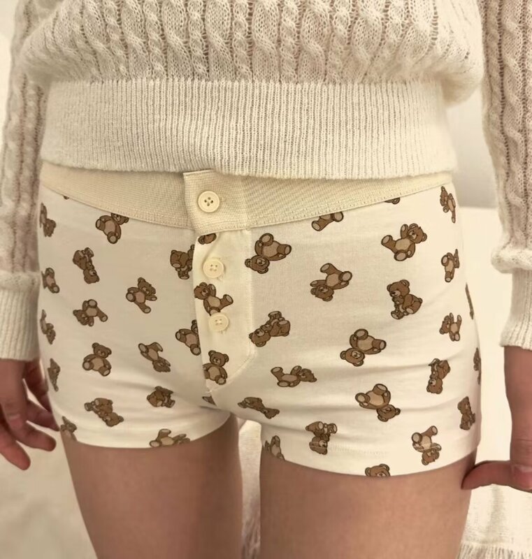 Mini shorts estampa de urso vintage feminino, shorts bonitos Y2K, algodão macio, roupa de casa, doces senhoras, roupas chiques, 2024
