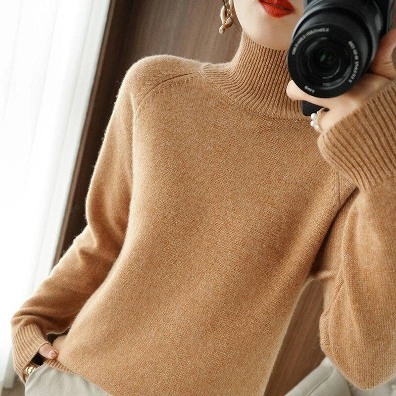 Женский свитер, пуловер на осень и зиму, вязаный джемпер с высоким воротником и длинным рукавом, облегающий Топ, женская повседневная трикотажная мягкая теплая одежда Y2K