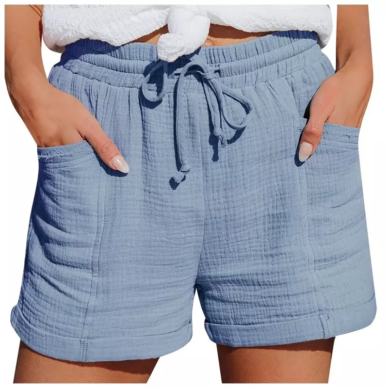 Pantalones cortos holgados para mujer, Shorts informales lisos con cordones, cintura alta, pierna ancha, plisados, ropa de calle, novedad de verano 2024