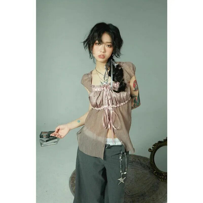 QWEEK Y2k Vintage Transparent Lace Up Blouse Woman Coquette Square Collar Shirt Female Summer Harajuku Fashion Grunge Streetwear