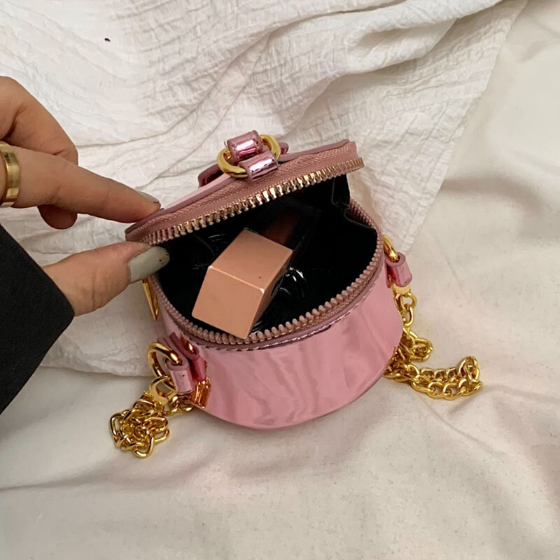 Tas Mini tas selempang wanita, tas tangan bulat dompet koin lipstik untuk wanita Glossy kulit PU tas selempang modis