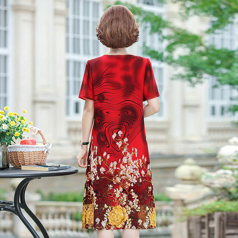 Dojazdy nadruk w stylu Vintage sukienki ludowe letnie odzież damska z krótkim rękawem szykowna chińska klamra z okrągłym dekoltem sukienka Midi