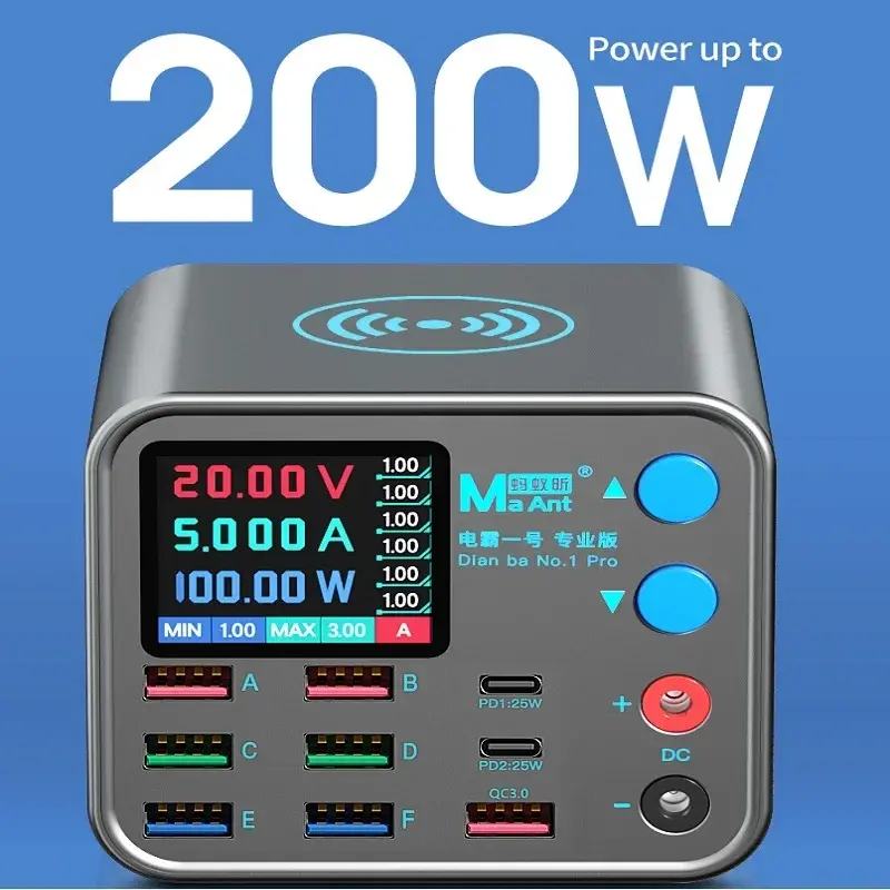 Многофункциональное быстрое зарядное устройство Dianba NO.1 Pro, 200 Вт, 20 в, 5 А, USB Тип C, беспроводное зарядное устройство, 8 портов, PD QC3.0, точный тестер для телефонных линий
