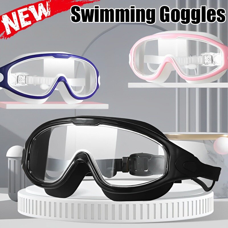Lunettes de natation en silicone pour hommes et femmes, grande monture avec bouchons d'oreille, lunettes anti-buée HD professionnelles, accessoires de natation