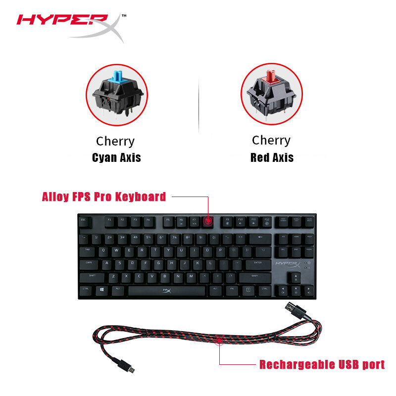 Hyper X Alloy Keyboard Gaming mekanis, anti kunci, faktor bentuk Tenkeyless, LED merah 87 kunci, Hyper X Alloy FPS Pro