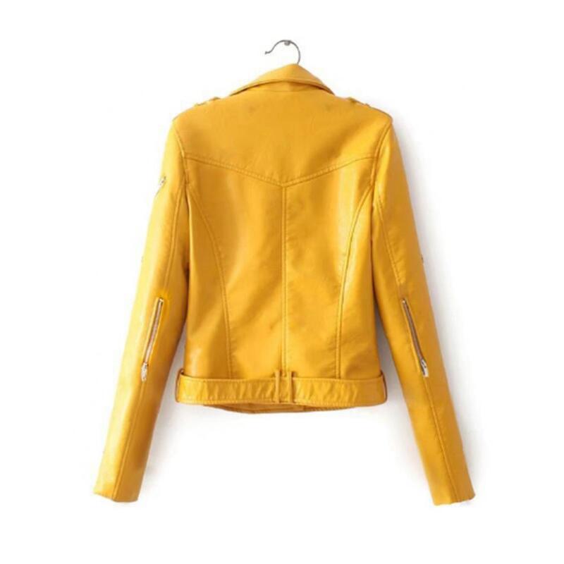 Jaket mantel wanita, mantel wanita warna polos berkerah lengan panjang kulit imitasi sepeda motor, mantel ritsleting