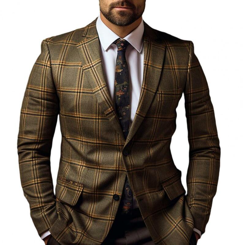 Men Suit Coat Formal Business Style Slim Fit Plaid Print Long Sleeve Single Button Closure Straight Cardigan Work Office Coat