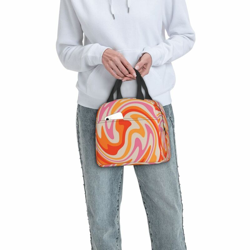 Fiambrera con estampado geométrico psicodélico abstracto Retro para mujer, bolsa de almuerzo con aislamiento de Color remolino, enfriador cálido para niños, bolsas de comida escolar