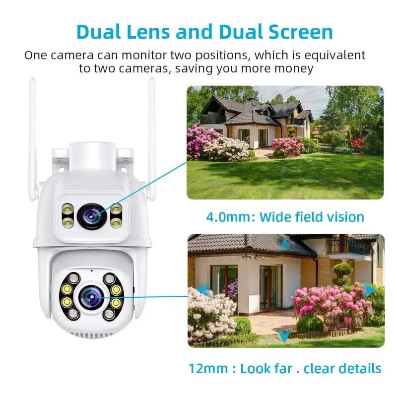 Câmera de Vigilância Outdoor Night Vision, CCTV, 4K, 8MP, Dual Screen, PTZ, WiFi, IP, Detecção Humana, Proteção de Segurança, 4MP