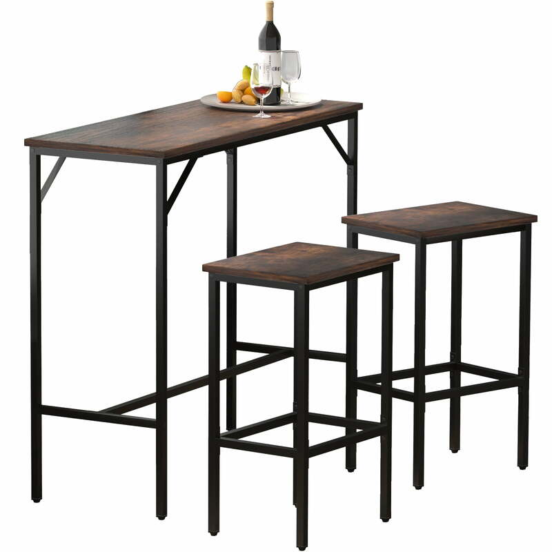 3 Piece Bar Table and Chairs Set, Pub Table Set w/ 2 Stools, Steel Frame 39" Counter Height Dining Sets, Rustic Brown