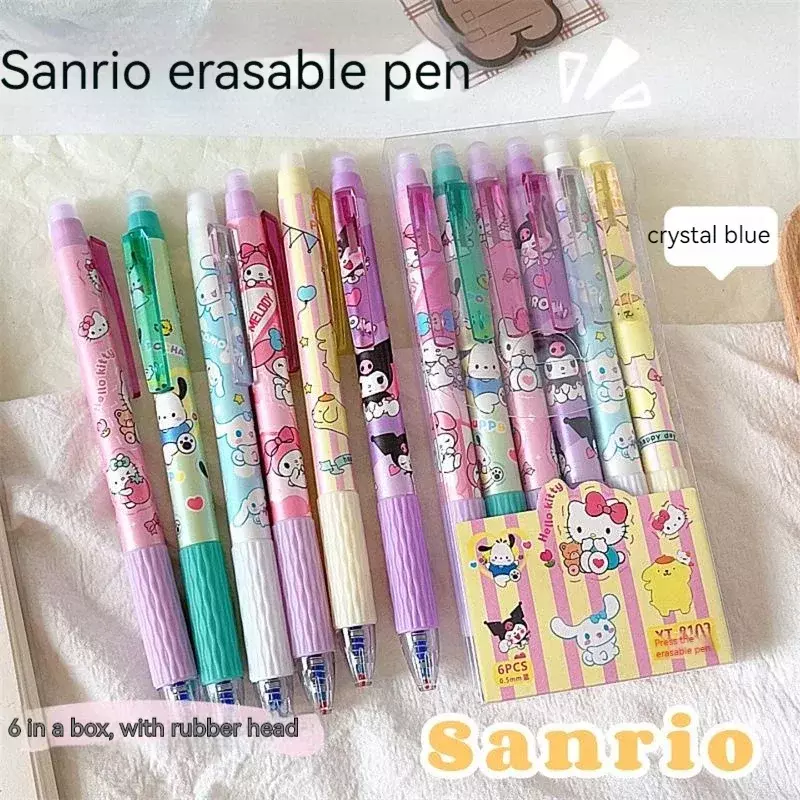 Sanrio 24 buah pena Gel dapat dihapus Cinnamonroll Kuromi Melody 0.5 siswa biru menulis cepat kering dan mudah dihapus alat tulis lucu