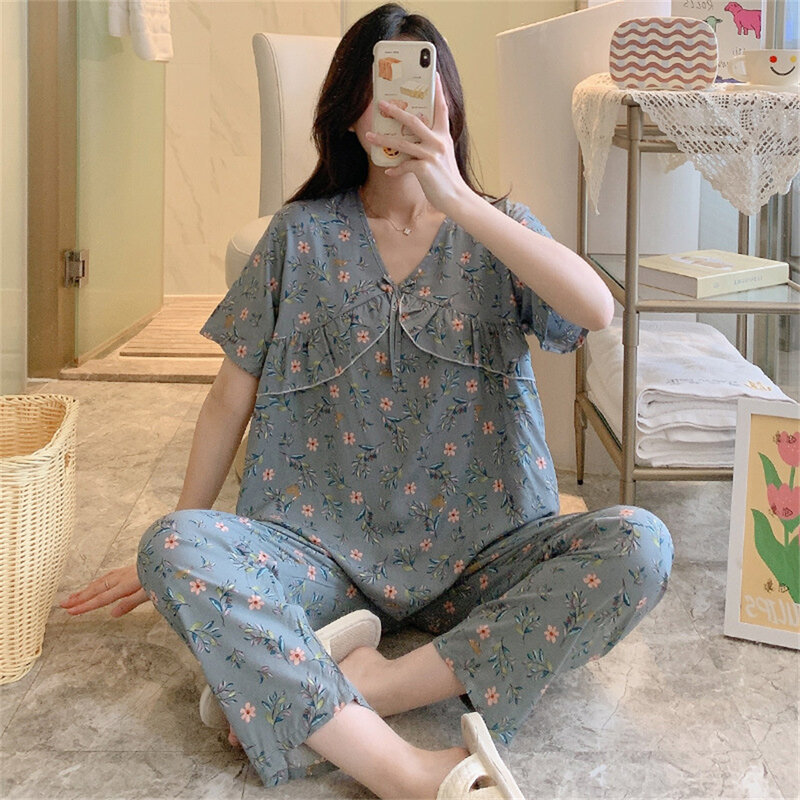 Conjunto de pijamas de manga corta para mujer, ropa de dormir informal fina, dulce, transpirable, con estampado de viscosa, primavera y verano