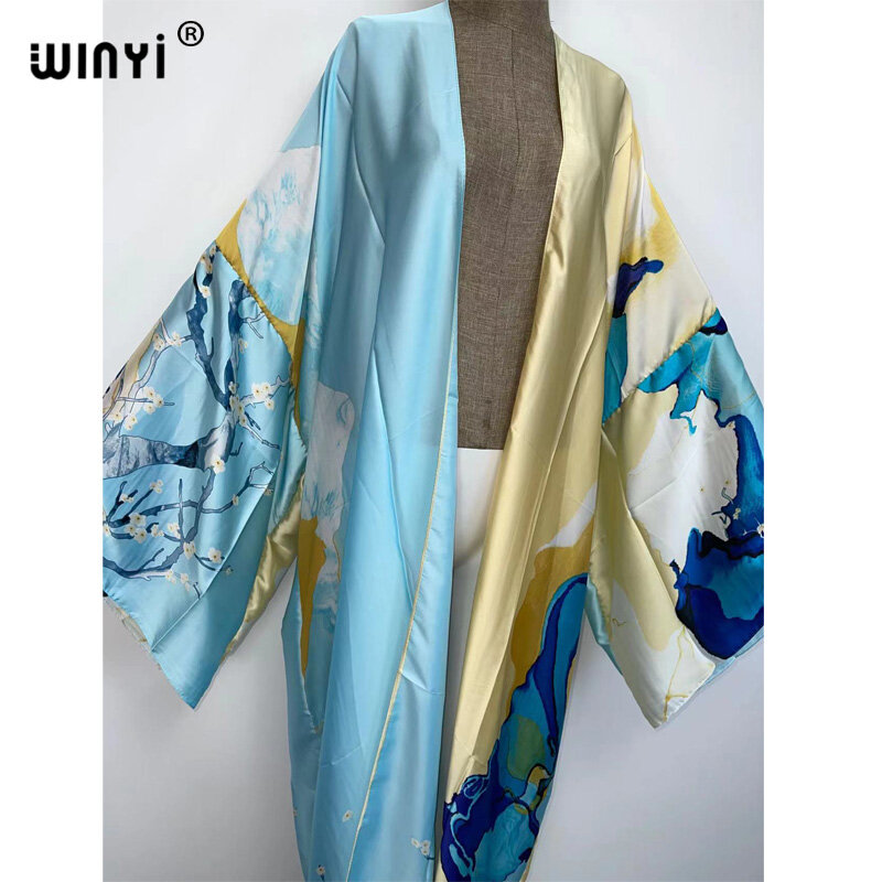 Kimonos Verano Frauen Sukienka Print Langarm Cardigan weibliche Bluse lose lässige Strand vertuschen Boho Kleid Party Kaftan