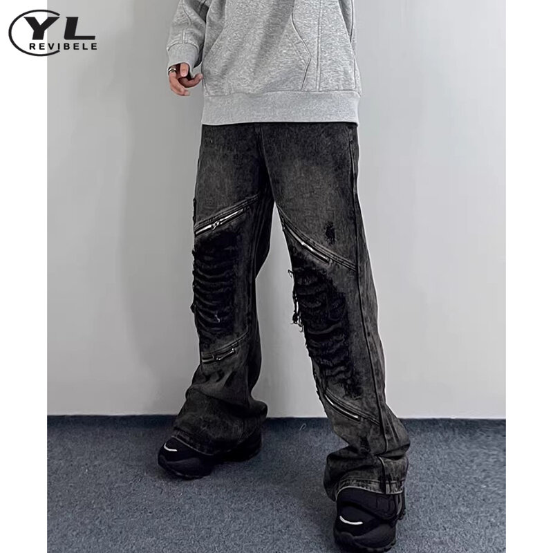 Джинсы на молнии для мужчин и женщин, дизайнерские брюки из денима с широкими штанинами, в готическом стиле, в стиле Харадзюку, прямые брюки в стиле панк, хип-хоп, весна-осень