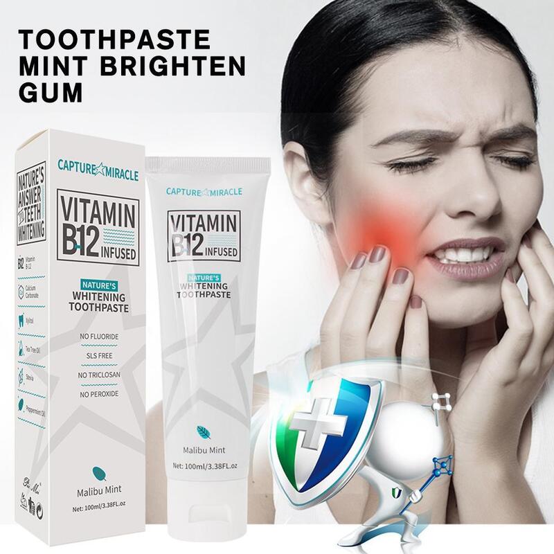 Vitamina B12 Dentes branqueamento dentífrico, Reparação de goma, Oral Care, Limpeza Saúde, Hortelã Higiene Dental, Manchas Remover, Beauty Breath, 2P2