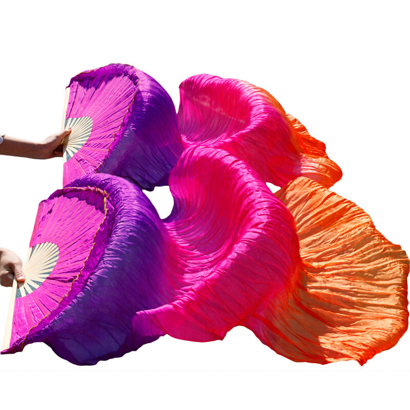 Ventilador de dança do ventre 100% véus de seda real 1pc mão esquerda + 1 mão direita bambu artesanal tingido cor desempenho prática dança fãs
