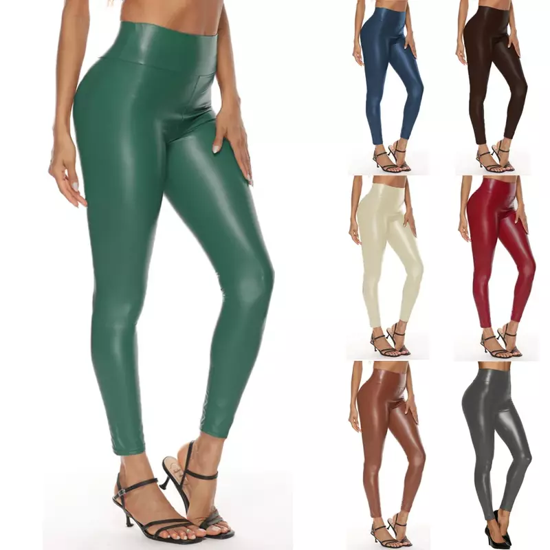 Spodnie skórzane legginsy wysokiej talii kobiety Sexy elastyczne Skinny legginsy Push Up Stretch Jeggings na wysoki wzrost legginsy zielone spodnie