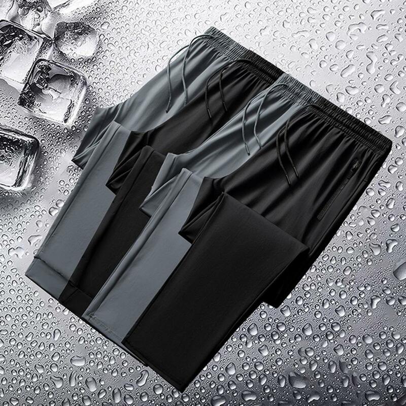 Solid Color Pants Quick-drying Ice Silk Men's Sport Pants with Wide Leg Side Pockets Drawstring Waist for Gym Training Jogging