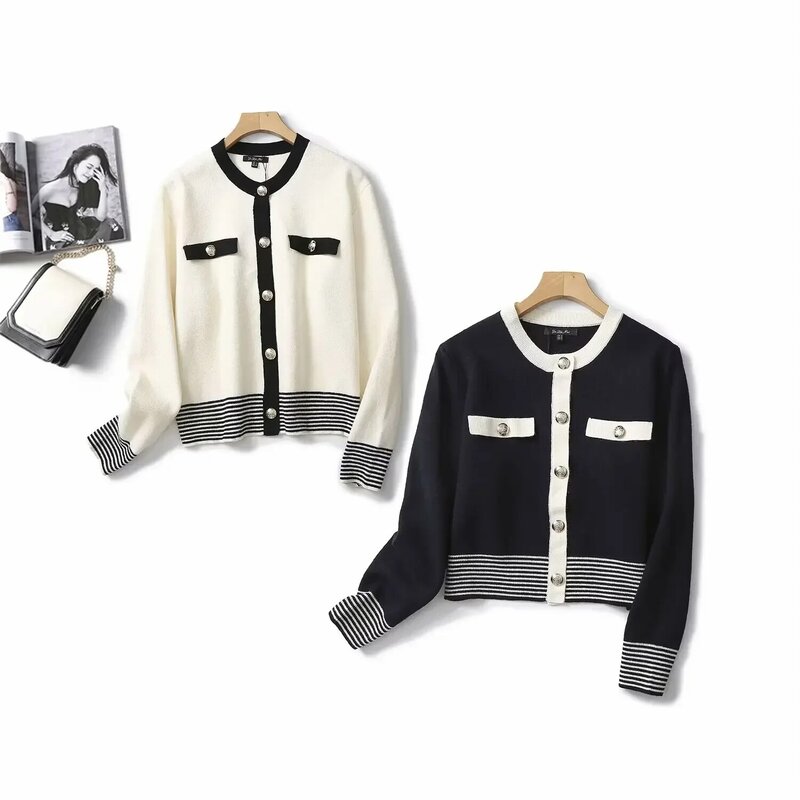 Cárdigan de punto de dos colores para mujer, suéter Retro de manga larga con cuello redondo y botones exquisitos, moda de otoño, novedad de 2023