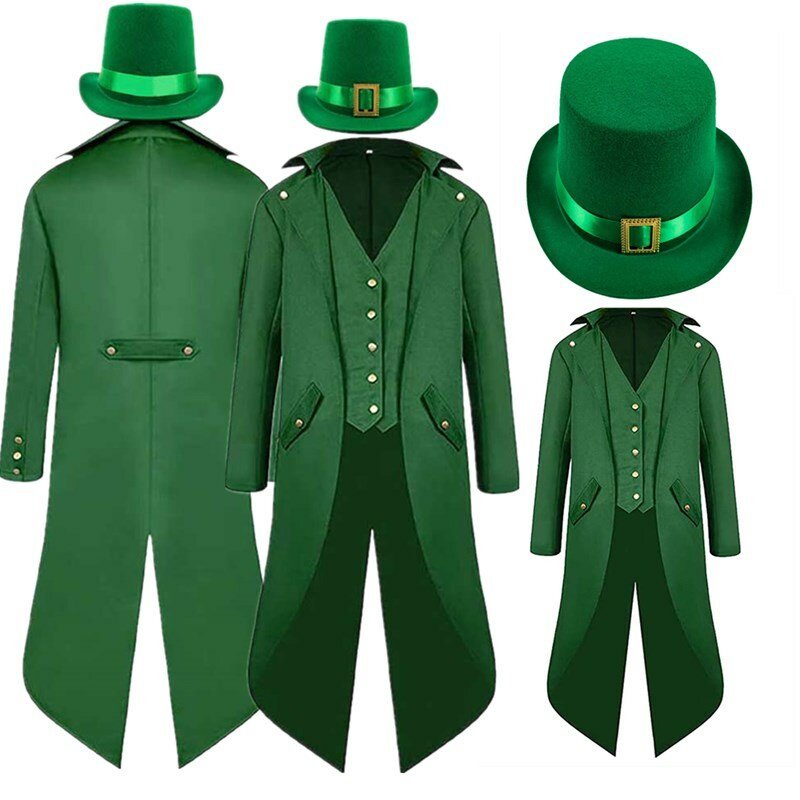 Erwachsene St Patrick's Day Fantasy Kostüm Männer Steampunk Retro Cosplay Jacke Mantel Hut Mütze Outfits Halloween Karneval Party Anzug