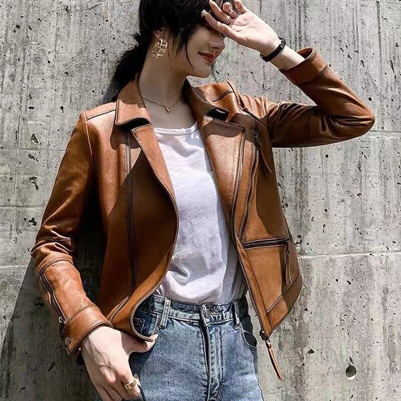 2023 jesienna damska kurtka z prawdziwej skóry krótki z naturalnej owczej skóry płaszcz Slim Fit biurowa, damska płaszcz roboczy Vintage Zip Moto Biker Jac