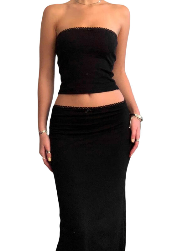 Two Piece Skirt Set for Women Sexy Strapless Crop Top and Low Rise Maxi Skirt Co Ord Sets Y2k Aesthetic Summer Clothes