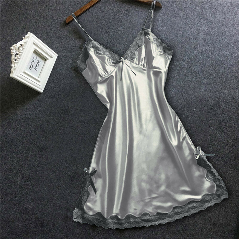 Nightgown ชุดผู้หญิง Sleepdress ลูกไม้ Nighty Robe สายสปาเก็ตตี้ชุดนอนฤดูร้อนผ้าไหมซาติน Nightdress Loungewear โบว์ด้านข้าง